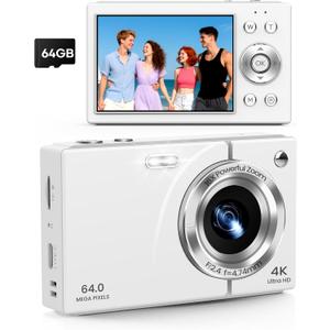 Digital Camera, 4K Vlogging Camera with Autofocus, 64MP, 16X Zoom, 64GB Card Included, Built-in Battery, Compact Digital Camera for Teens Adult Beginners, Ideal for Travel & YouTube - White