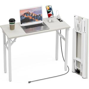 TEMI Small Computer Desk Folding Table - No Assembly, Compact 35.8" Foldable Desk with Power Outlets & USB Charging Port, Portable Small Office Desk, Ideal Mini Study Table for Narrow Spaces,White Ash
