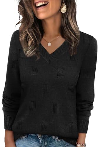 WIHOLL Fall Sweaters for Women 2026 V Neck Long Sleeve Shirts Dressy Casual Business Teacher Outfits Lightweight Pullover Sweaters Fall Fashion Clothes Black XL