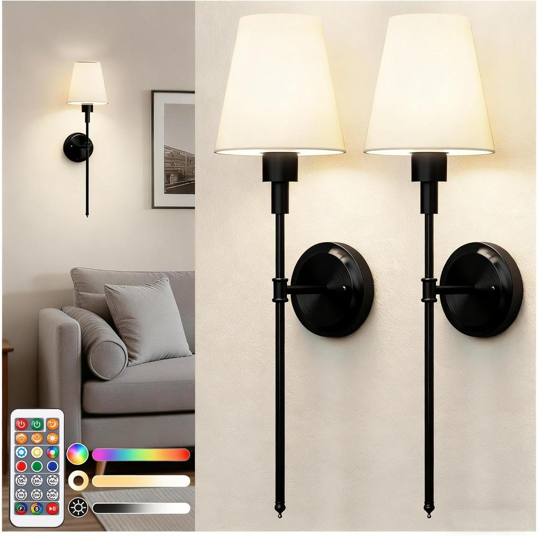 DORESshop Battery Operated Wall Sconce Set of 2, Wireless Wall Light Easy to Install, 15 Color Rechargeable Wall Sconces, Sconce Wall Decor Set of 2 for Bedroom, Living Room, Black, 24.6in
