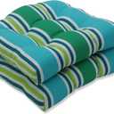 Pillow Perfect Stripe Indoor/Outdoor Chair Seat Cushion, Tufted, Weather, and Fade Resistant, 19" x 19", Blue/Green Aruba, 2 Count