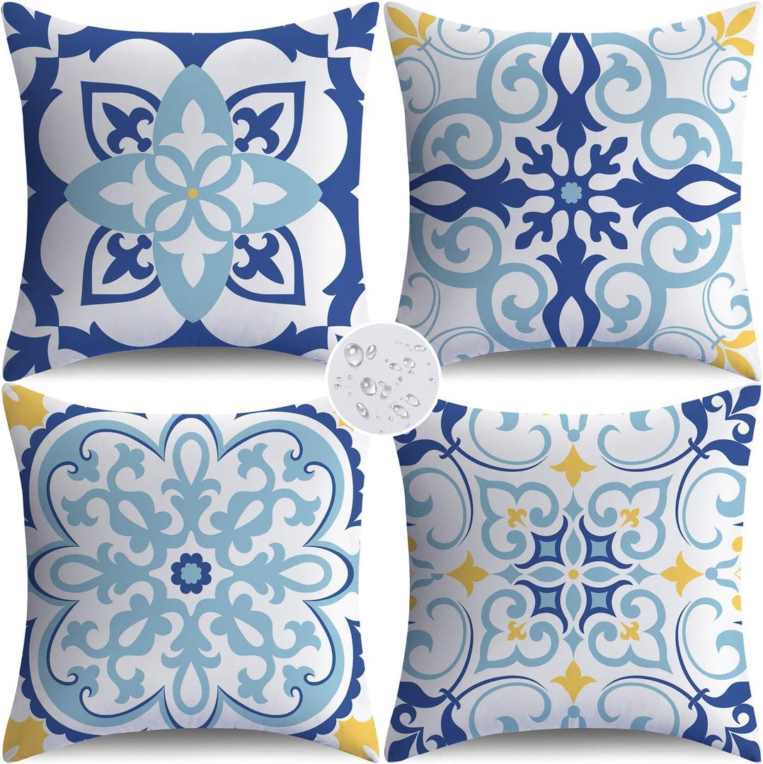 NIGHTWISH Outdoor Waterproof Pillow Covers 18x18 Set of 4 Boho Decorative Outdoor Throw Pillows Floral Cushion Cases for Patio Furniture Bench Couch Sunbrella