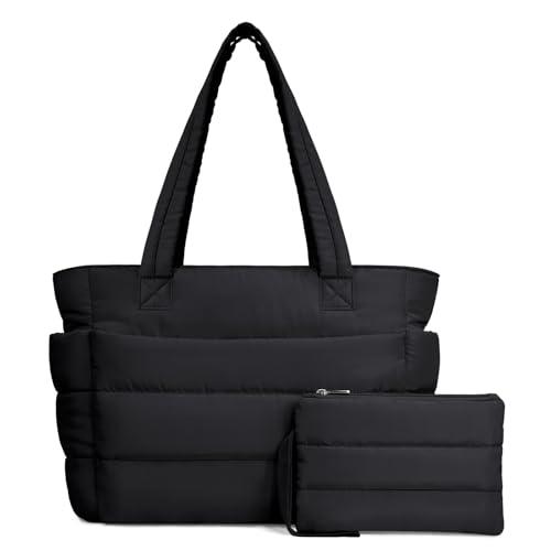 TOPDesign Puffer Tote Bag for Women, Lightweight Puffy Handbag with Compartments & Cosmetic Bag, Quilted Shoulder Bags for Work, Travel, Gym, Gifting (M Black)