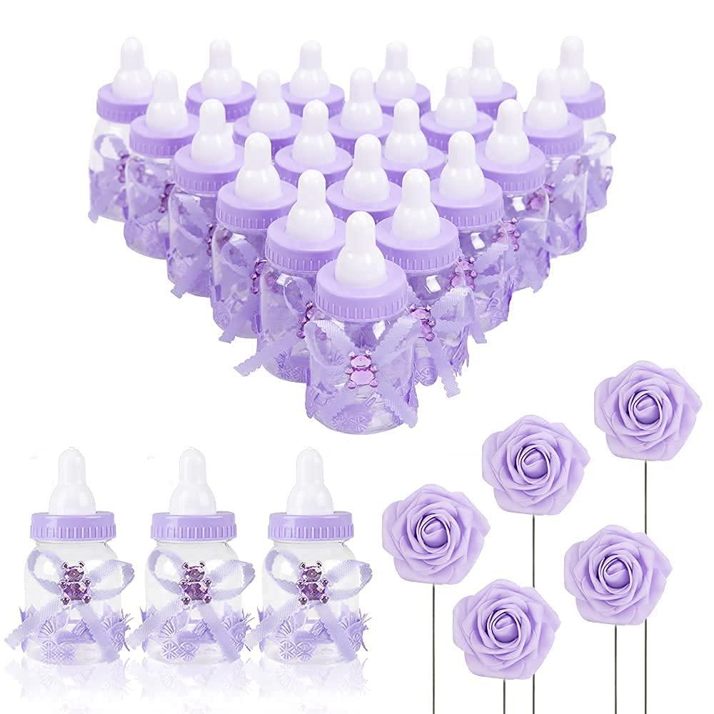 MACTING 2 Dozens 3.5 Inch Feeding Bottle Candy Box with 5Pcs Artificial Flower Rose for Baby Shower Favor Gift Decoration (Purple)