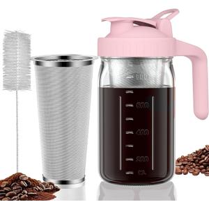 Cold Brew Coffee Maker Pitcher, 32 oz Thick Glass Mason Jar Spout Lid with Handle & Stainless Steel Filter for Iced Brew Coffee, Ice Lemonade, Sun Tea, Fruit Drinks Container (Pink)