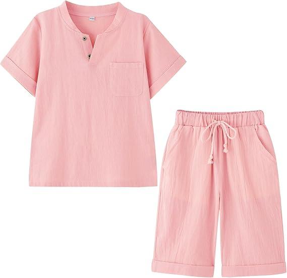 Boy's T-Shirt and Shorts Set Cotton Linen Summer Short Sleeve Children Two Pieces Clothing Pants Sets, Size 6Y