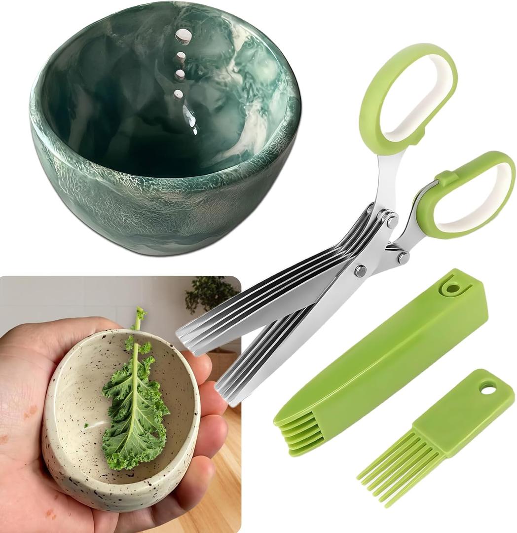 2025 Latest Herb Stripper Pottery Bowl Cutter Tool: Stripping Ceramic Fresh Herbs Kale Striper Cilantro Cutting Razor Gifts Herbalists Peeler Shredder Chopper Clay Copper Small Cup Grater (GREEN B)