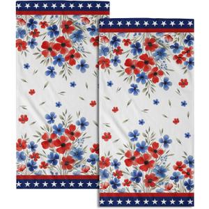 4th of July Poppy Flowers Hand Towels for Bathroom Set of 2 Patriotic Red Blue Floral Dish Towels for Kitchen Soft Absorbent Memorial Day Decorative Washcloths for Home Shower Hotel Gym 14"x28"