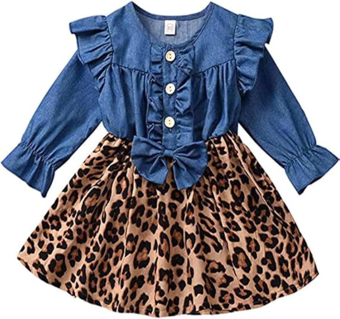 Toddler Baby Girl Denim Bowknot Dress Ruffled Button Dresses Outfit (6-12 Months, Blue & Leopard)