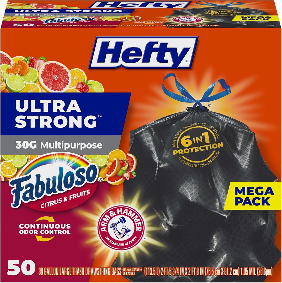 Hefty Ultra Strong 30 Gallon  Bags, Large Bags 30 Gallon Size, Multipurpose, Break Resistant Drawstring Closure, Resists Leaks, Punctures, and Tears, Black, Fabuloso Scent, 50 Bags (50 Count (Pack of 1), Fabuloso Citrus & Fruits)