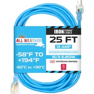 Iron Forge Cable 25 Ft All-Weather Extension Cord for Outdoor & Indoor Use - 16/3 SJEOW Lighted 3 Prong Extension Cord - for Cold & Hot Temperatures
