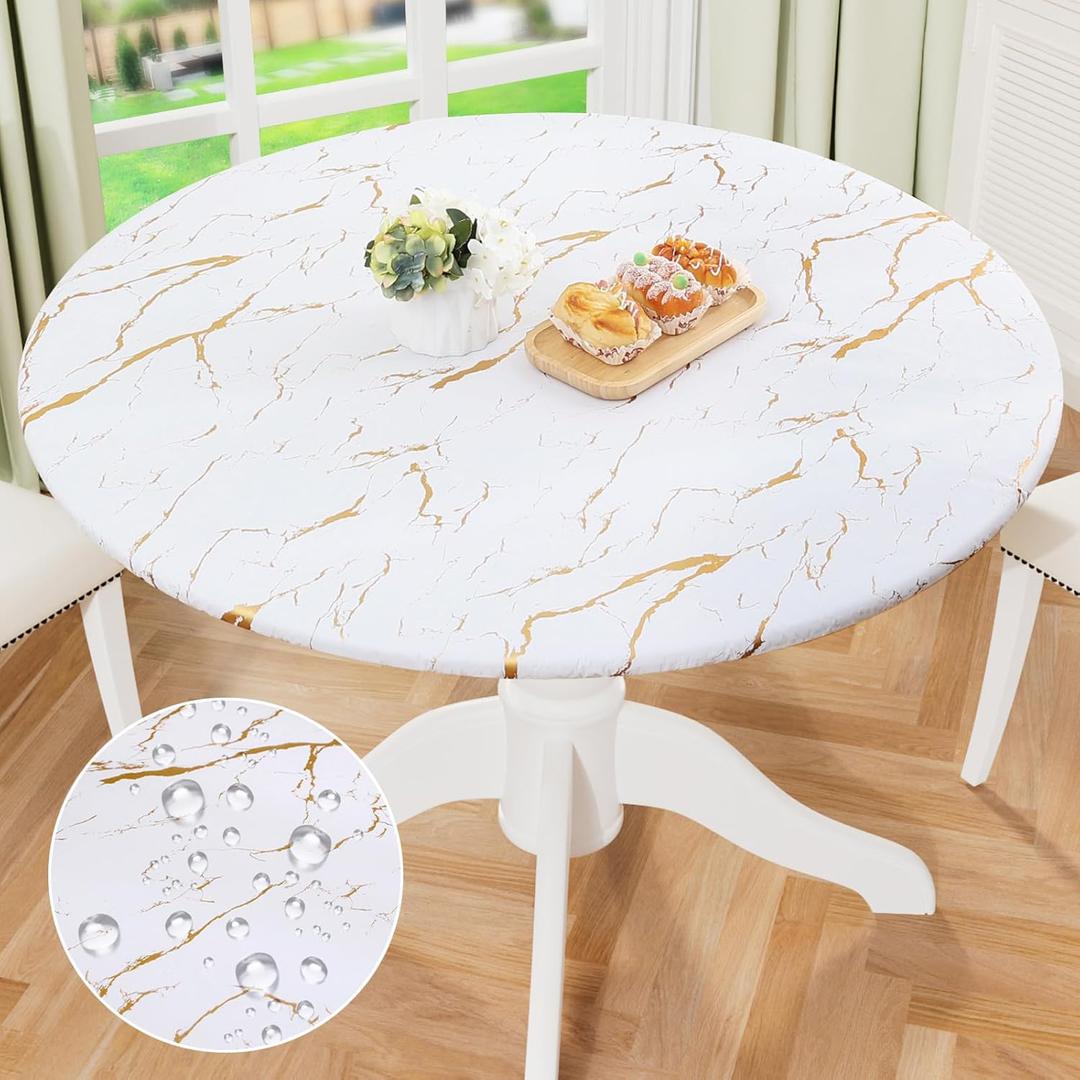 Misaya Round Fitted Tablecloth with Elastic Edge, Waterproof Oil Proof Plastic Table Cover, Vinyl Flannel Backed Tablecloth Fits 36"-44" Round Tables for Dinner, Outdoor, Picnic, White Gold Marble 