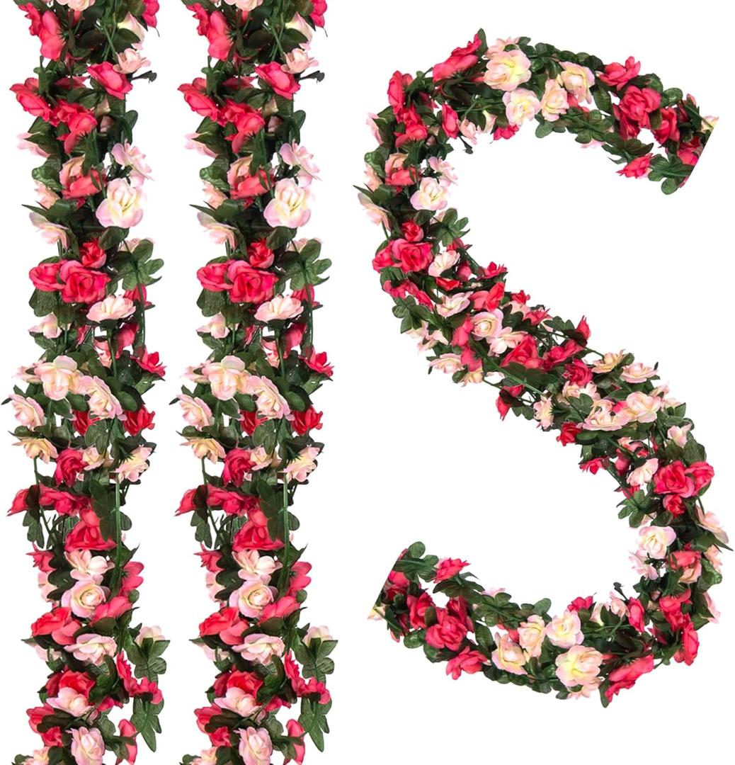 5Pcs 41FT Artificial Pink Flowers Garland, Fake Hanging Outdoor Flower Vines Pink Rose with Green Leaves, Faux Silk Flower for Backdrop Decoration Tea Party Wedding Arch Birthday