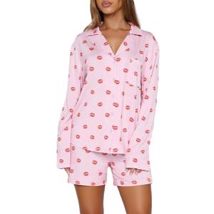 Women 2 Piece Pajamas Set Button up Long Sleeve Shirt and Shorts Lounge Set (M)