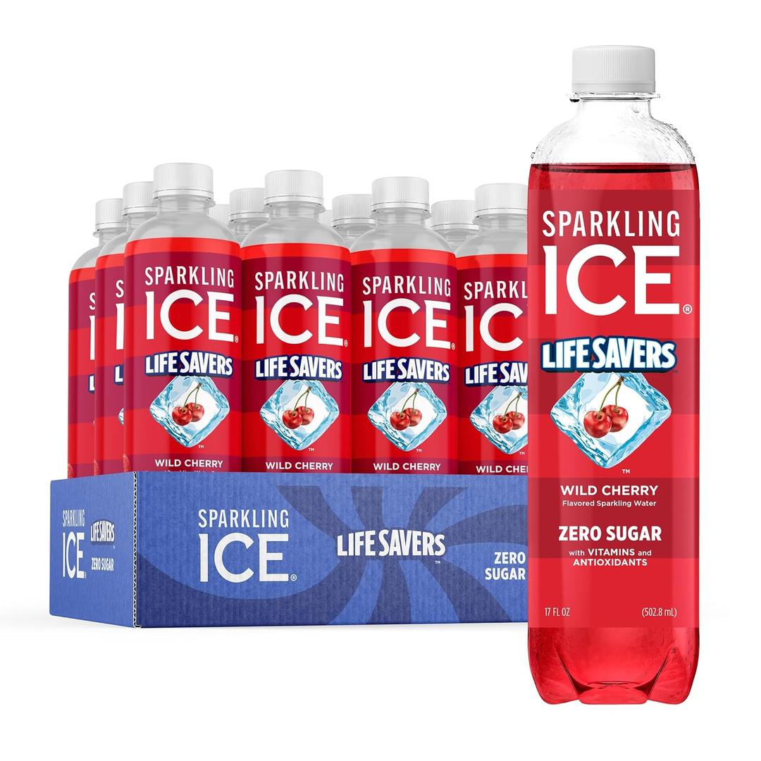Sparkling Ice LIFESAVERS Wild Cherry, Zero Sugar Flavored Sparkling Water, with Vitamins and Antioxidants. No Artificial Dyes, Low Calorie Beverage, 17 fl oz Bottles (Pack of 12) (EXP 03/02/27)