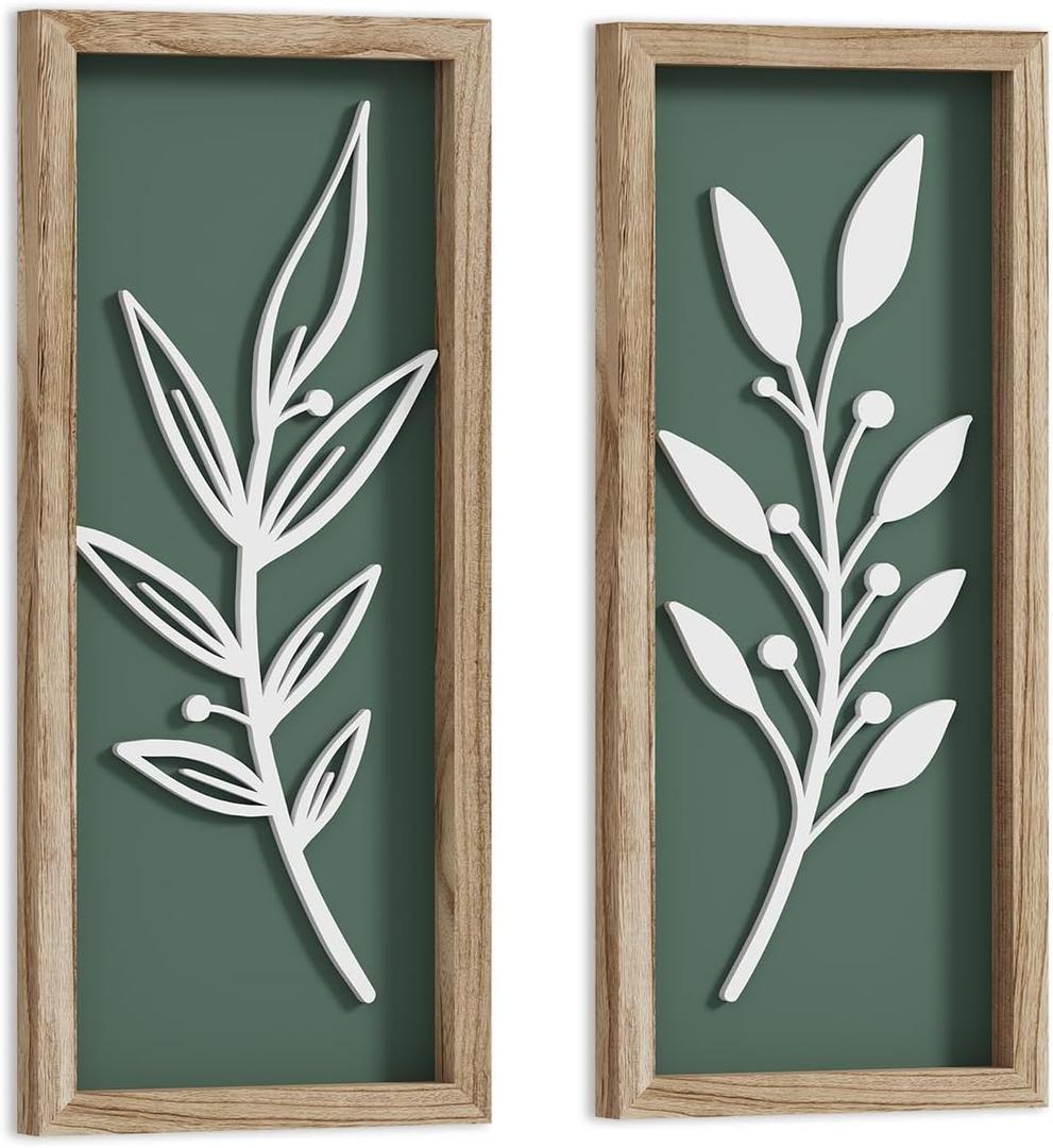 3D Wooden Leaf Sage Green Boho Wall Art (Set of 2) Lightweight, Vintage Framed Bathroom Botanical Wall Art for Bedroom, Living Room, Kitchen, Office and Hallway Decorations