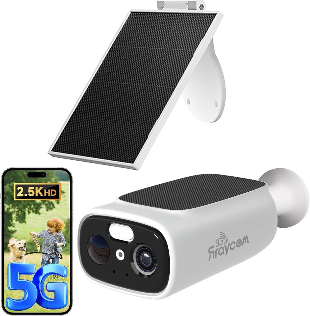 Rraycom 2K Solar Camera Outdoor Wireless, 2.4/ 5 Ghz WiFi Cameras for Home Security, 130°-Wide View, Color Night Vision, IP65 Waterproof, 2-Way Audio, Cloud/ SD, Support Alexa