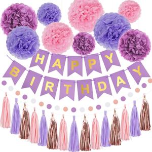 RUBFAC Purple Pink Birthday Party Decorations Set With Happy Birthday Banner, Tissue Paper Pompoms, Tassel Garland, and Circle Dots Garland for Women Girls