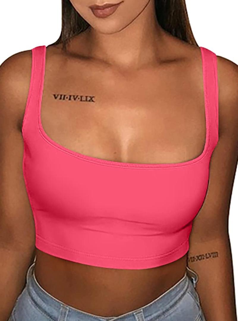GOBLES Women's Sexy Summer Basic Solid Sleeveless Stretch Crop Tank Top (Red, L)
