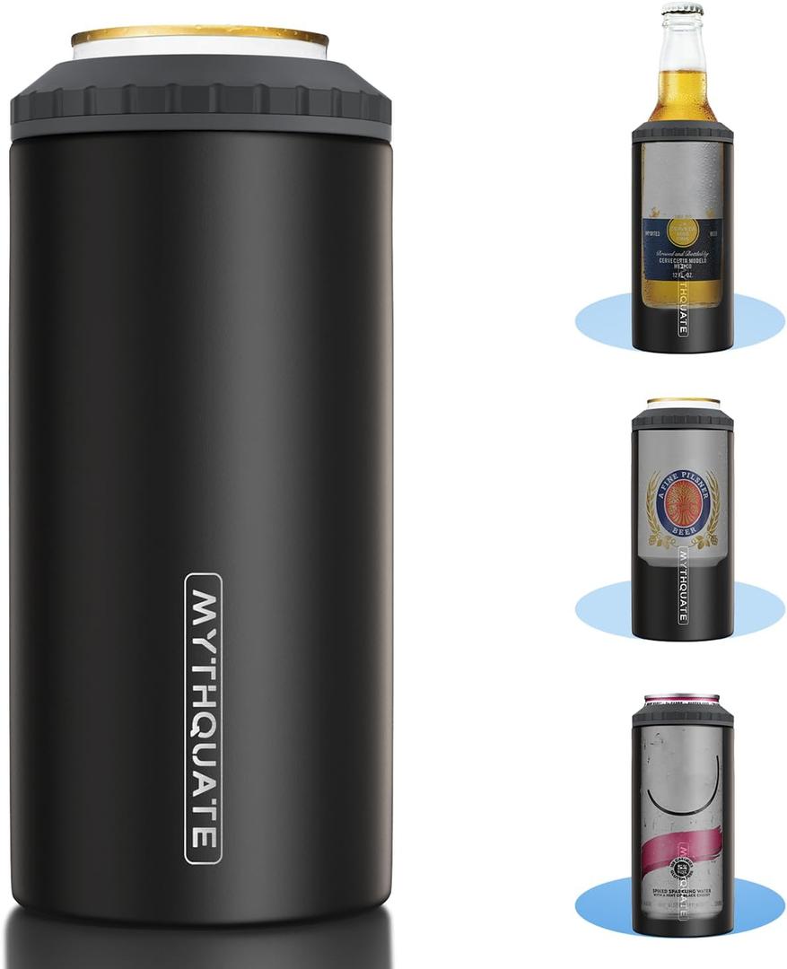 3 in 1 Slim Can Cooler for 12 OZ Skinny Can, Regular Can & Beer Bottle - Keep Cold for 6 Hours - Double Walled Insulated Stainless Steel Vacuum Beverage Can Insulator (Matte Black)