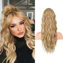FLUFYMOOZ Ponytail Extension, 22 Inch Drawstring Ponytail Hair Extensions for Women Long Curly Wavy Ponytail Natural Synthetic Hairpiece for Women (22" Golden Blonde with Highlights)