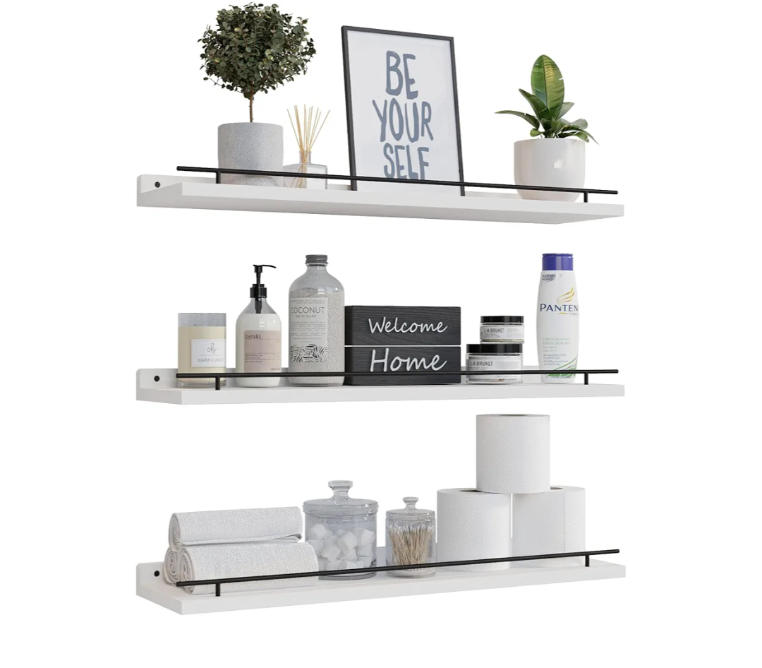 WOPITUES Floating Shelves with Black Metal Guardrail, Shelves for Wall Decor Set of 3, Wall Shelves for Bedroom, Bathroom, Kitchen, Living Room, Plants, Picture Frames, Art Black and White