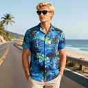 Men's Hawaiian Shirt Short Sleeves Printed Casual Button Down Funky Summer Tropical Holiday Beach Male Shirts (Blue, Large)