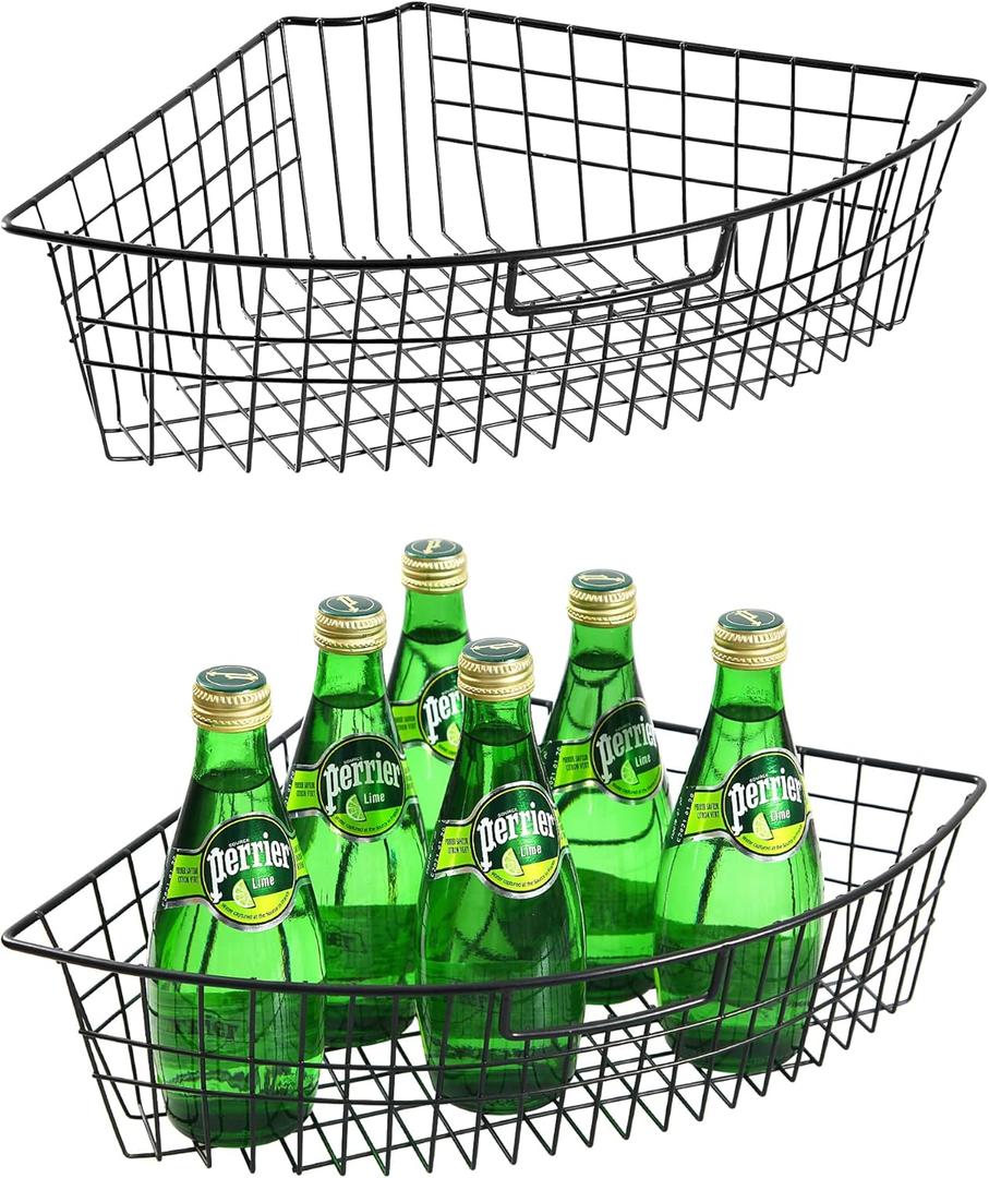 Leeden Lazy Susan Organizer Basket for 24" Diameter Turntable -Metal Organizing Storage Bins (2 Packs) - Black Kitchen Cabinet Storage Organizer - 1/4 Wedge Can Organizer