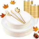 bUCLA 150PCS White and Gold Plastic Plates Disposable - 25 Guests Gold Dinnerware Set - Include 25 Each (Dinner & Dessert) Plates, 25 Knives, 25 Forks, 25 Spoons & 25 Cups for Party & Thanksgiving