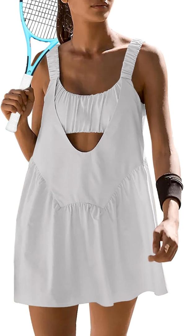 Sexyasasii Women Tennis Dress with Built in Shorts and Bra Sleeveless Casual Backless Golf Dress Athletic Dress with Pockets (White), XS