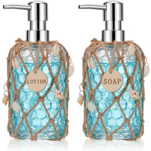 2 Set 16 oz Glass Soap Dispenser with Pump for Bathroom Decor Refillable Hand Soap Dispenser Includes Wooden Sign Beach Seashell Decor and Hemp Rope Protective Cover for Kitchen Home Office