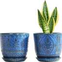 Gepege Beaded Ceramic 6 Inch Planter Set of 2 with Drainage Hole and Saucer for Plants, Indoor-Outdoor Large Round Succulent Orchid Flower Pot (Blue, Inner-pots not Larger Than 5 Inch)