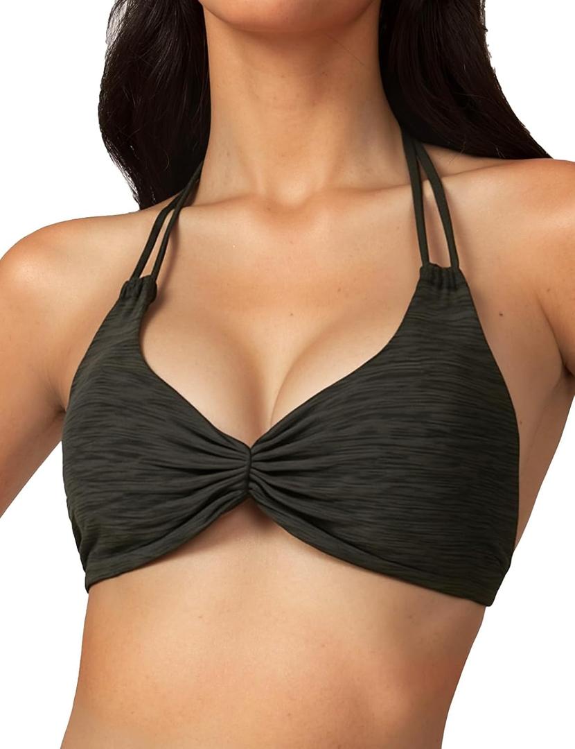 AJISAI Womens Halter Bikini Top Triangle V Neck Bathing Suit Top Low Impact Padded Sports Bra (Black, S)