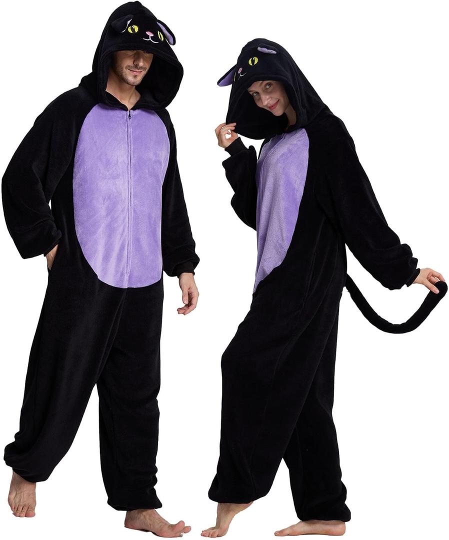 Unisex Adult Onesie Pajamas Animal Cosplay Halloween Costume One Piece Plush Sleepwear Homewear (Black Cat) XL