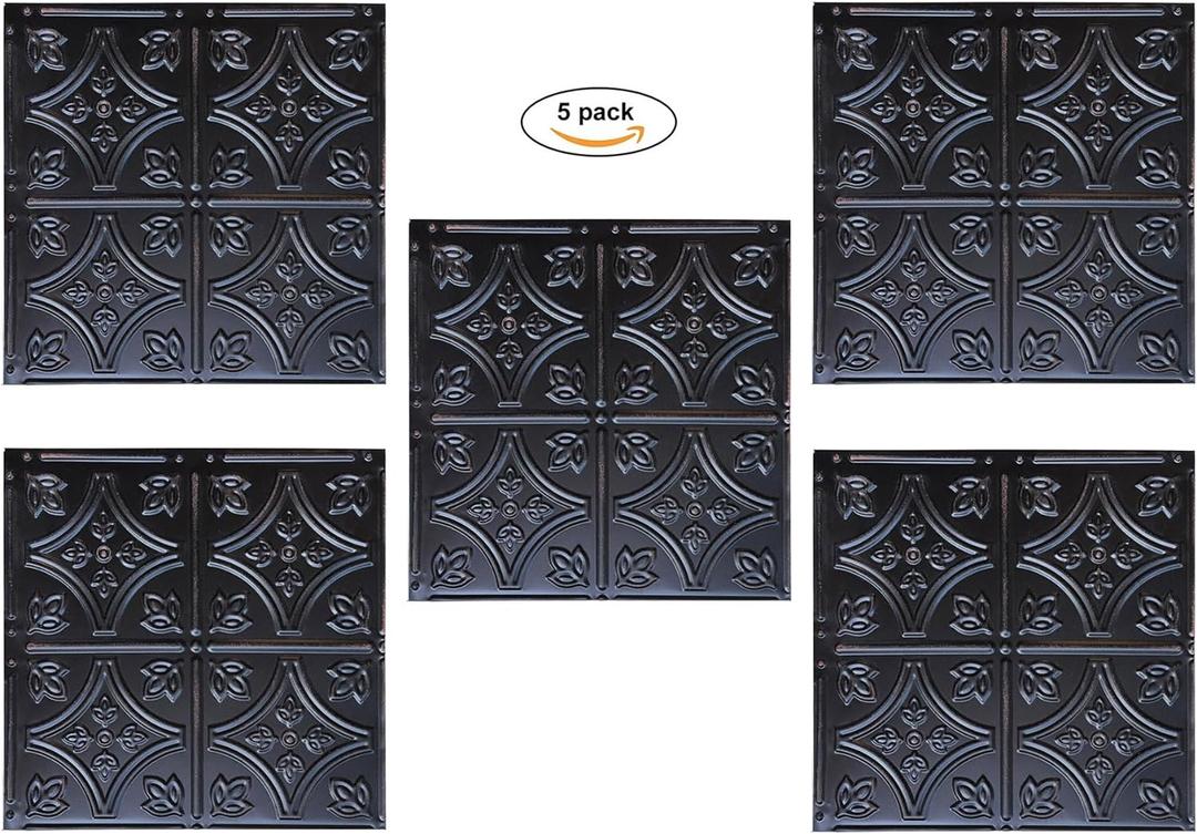 Holydecot Tin Wall Tiles Nail-Up Ceiling Tiles Stair Riser Kitchen Backsplash - Rustic Black 12x12 inch Sample, 5 Pack