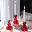 Woho Red Candlestick Holders Set of 3 for Christmas Decorations, 4.3" H Vintage Ribbed Taper Candle Holders for Dining Table, Glass Candle Sticks Holder Decor for Valentines Day/Patriotic Holidays