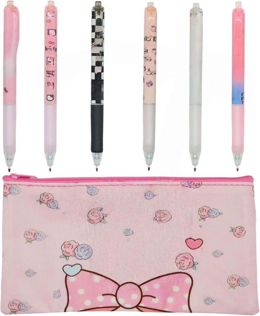 Rondlaho Kawaii Small Pen Case with 6 Pcs Cute Gel Pen, Student Pen Box Coin Pouch Cosmetic Storage Box School Office Supplies Stationery Organizer with Black Ink 0.5mm Ballpoint Pen