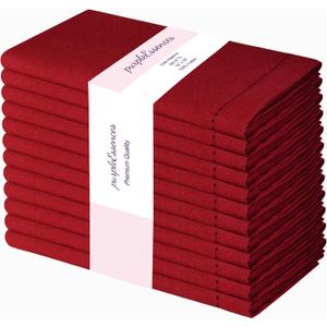 PurpleEssences Set of 12 Hemstitch Cloth Dinner Napkins 100% Cotton - Soft Durable Washable - Ideal for Wedding Fall Thanksgiving - Perfect Everyday Use Table Linen 18x18 - Red