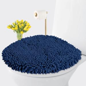 LuxUrux Toilet Lid Cover, Extra-Soft Plush Seat Washable Shaggy Microfiber Standard Toilet Lid Covers for Bathroom Machine Wash & Dry (18x18 inches, Blue) (Round)