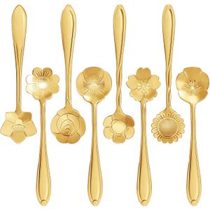 Maitys 16 Pieces Stainless Steel Flower Coffee Spoon Dessert Sugar Ice Cream Stirring Tea Spoon Set for Tableware Kitchen, Cafe or Bar(Gold)