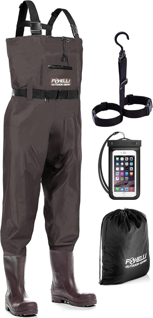 Foxelli Chest Waders  Waterproof 2-ply Nylon/PVC Camo Hunting Fishing Waders for Men and Women with Boots (9, Brown)