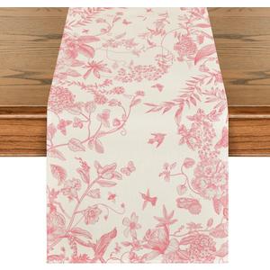 Artoid Mode Pink Monochrome Sketch Birds Flowers Spring Table Runner, Seasonal Summer Kitchen Dining Table Decoration for Home Party Decor 13x72 Inch