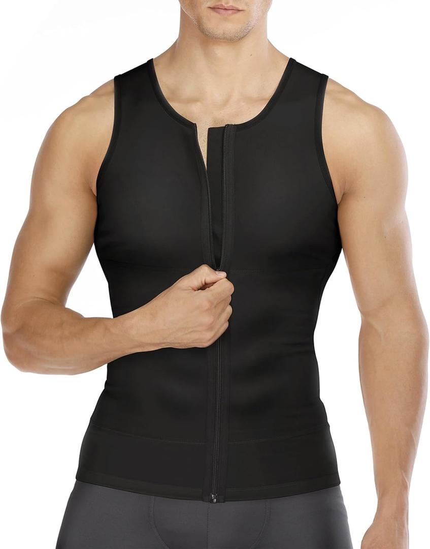 Wonderience Compression Shirts for Men Undershirts Slimming Body Shaper Tank Top Vest with Zipper (Black, X-Large)