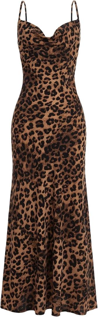Floerns Women's Leopard Print Draped Collar Spaghetti Strap Cami Long Dress Brown XS