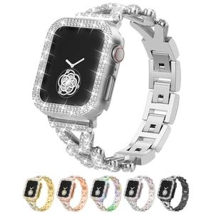 Rhinestones Encrusted Metal Bracelet and Case, Compatible with Apple Watch Bands 38mm-49mm (Series 11/10/1/SE/Ultra 2)- Bling Gold Women's Jewelry Strap, Luxury iWatch Bracelet with Screen Protector