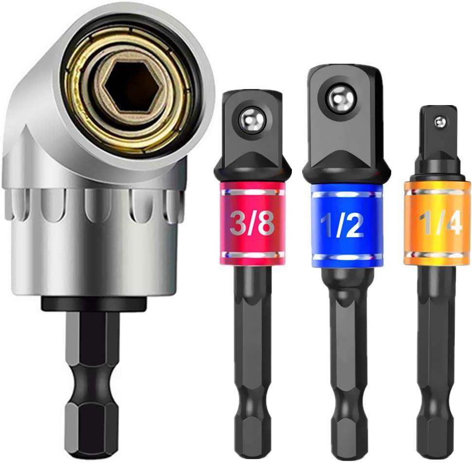 CIGOTU Impact Grade Power Hand Tools Driver Sockets Adapter Extension Set, 3Pcs 1/4 3/8 1/2" Hex Shank Drill Nut Driver Bit Set + 105 Degree Right Angle Driver Extension Screwdriver Drill Attachment