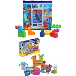 Bundle of MEGA BLOKS Fisher-Price Toddler Block Toys, Big Building Bag with 80 Pieces and Storage Bag, Blue + Sensory Building Toys Playset, Musical Farm Band with 45 Toddler Blocks and 6 Music Sheets