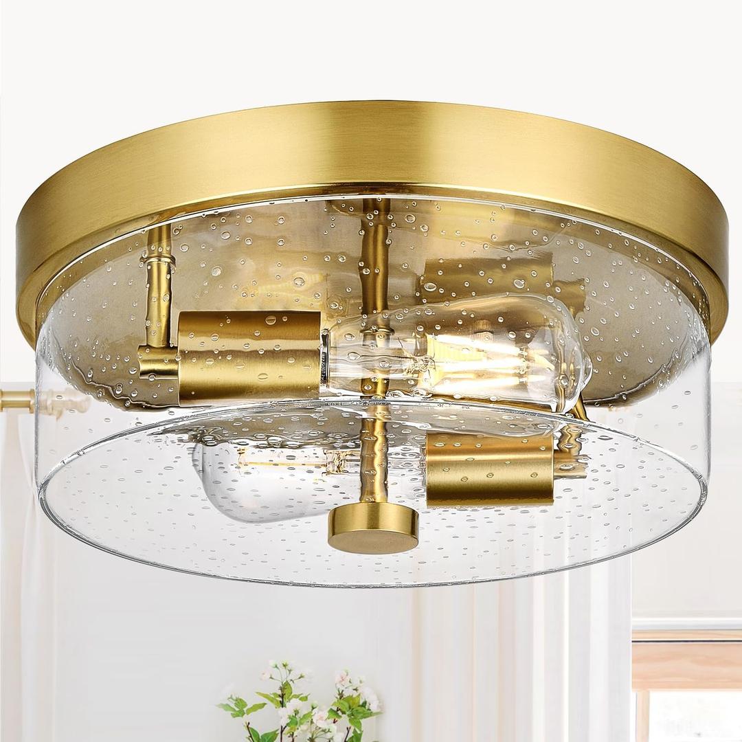 Flush Mount Ceiling Light Fixtures, 2-Light Gold Ceiling Mount for Farmhouse with Seeded Glass Lampshade, Industrial Flush Mount Light Fixture Farmhouse for Hallway, Kitchen, Entryway and Foyer
