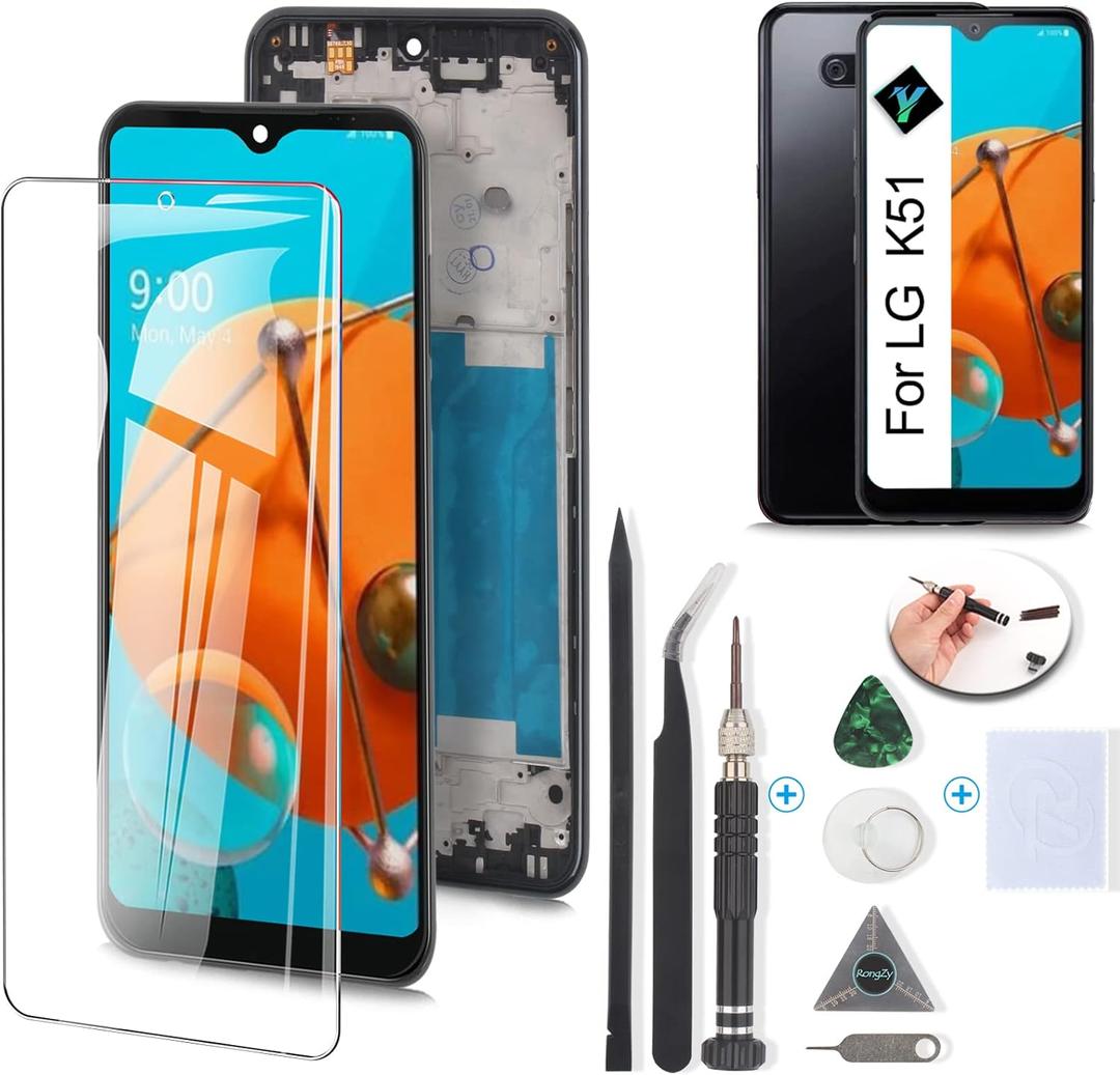Display for LG K51 Screen Replacement Touch Digitizer for LG K51 LCD K500 K500UM K500KM K500MM LMK500MM LCD Display Panel Replacement Assembly with Kit(Black with Frame)