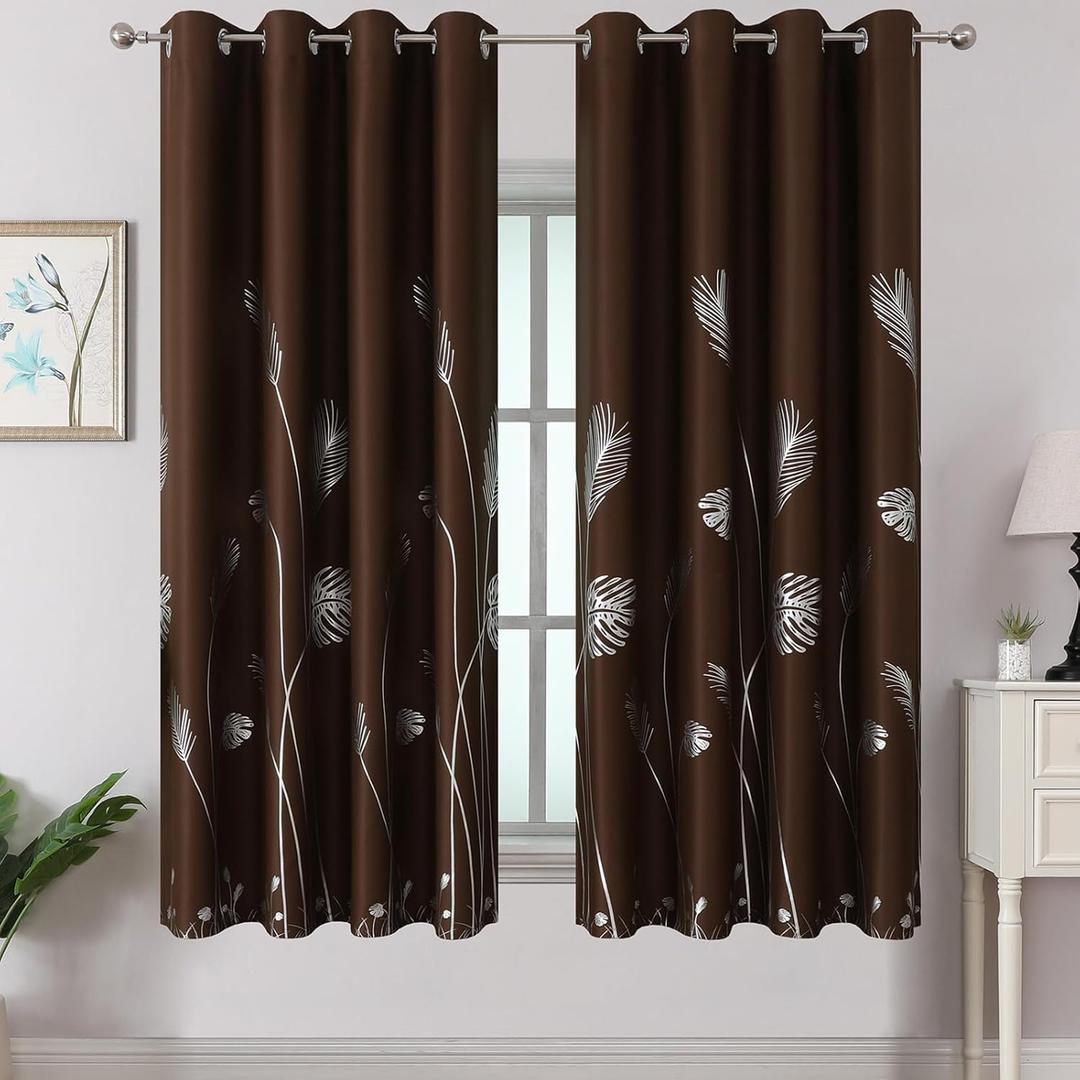Estelar Textiler Brown Blackout Curtains 63 Inches Long, Room Darkening Curtains for Bedroom, Thermal Insulated Drapes with Silver Foil Print Palm Leaf Pattern for Living Room, 52Wx63L, 2 Panels